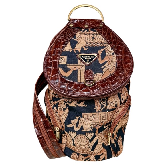 Vintage Gherard Brown Leather & Tapestry Sling Backpack, Florence Italy Bag EUC - Picture 1 of 16